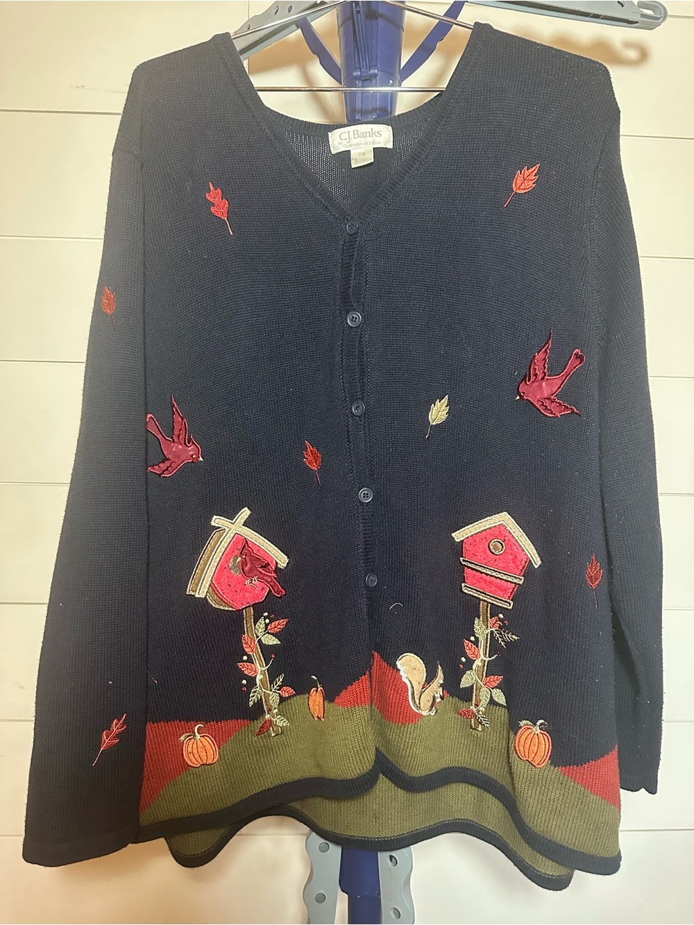 #139 CJ Banks Black Embroidered Birdhouse Cardigan Sweater